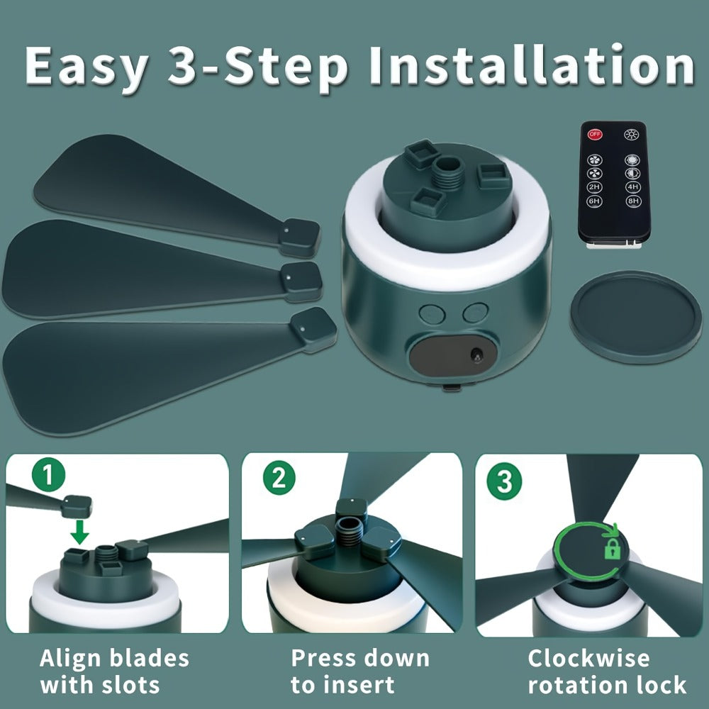 10400mAh Hanging Camping Fan with Remote Control, Three Wind Speeds, LED Light and White or Green Color Options