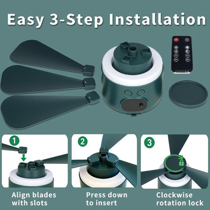 10400mAh Hanging Camping Fan with Remote Control, Three Wind Speeds, LED Light and White or Green Color Options