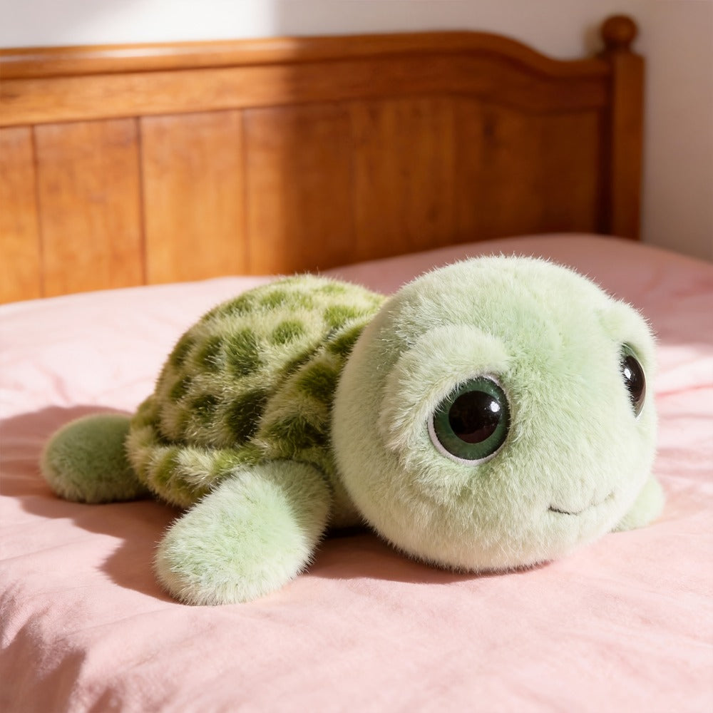 Stuffed Animal Big-Eye Turtle Pillow in 15.75-Inch Size with Melancholy Face and Soft Plush Fabric