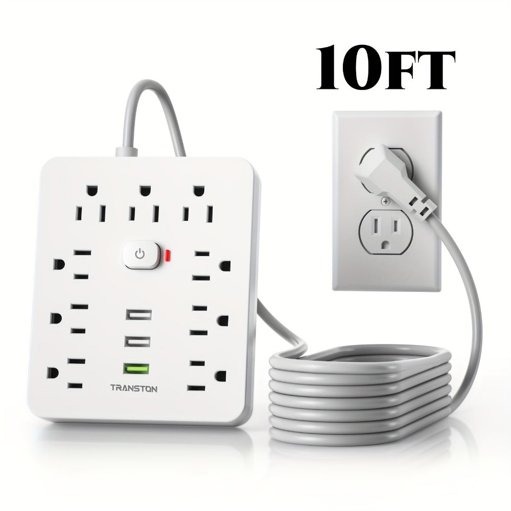 Power Strip with USB Ports, 12-in-1 with 45-Degree Angled Plug, 9 AC Outlets, 3 USB-A Ports and 10-Foot Extension Cord