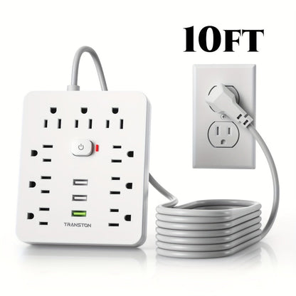 Power Strip with USB Ports, 12-in-1 with 45-Degree Angled Plug, 9 AC Outlets, 3 USB-A Ports and 10-Foot Extension Cord