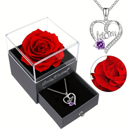 Preserved Real Rose Gift Box with I Love You in 100 Languages Necklace, Romantic Gifts for Girlfriend Wife Mom