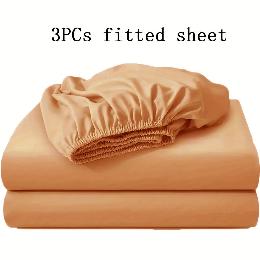 Three-Piece Solid-Color Fitted Sheet Set with Two Pillowcases, Nine Colors and Four Bed Sizes