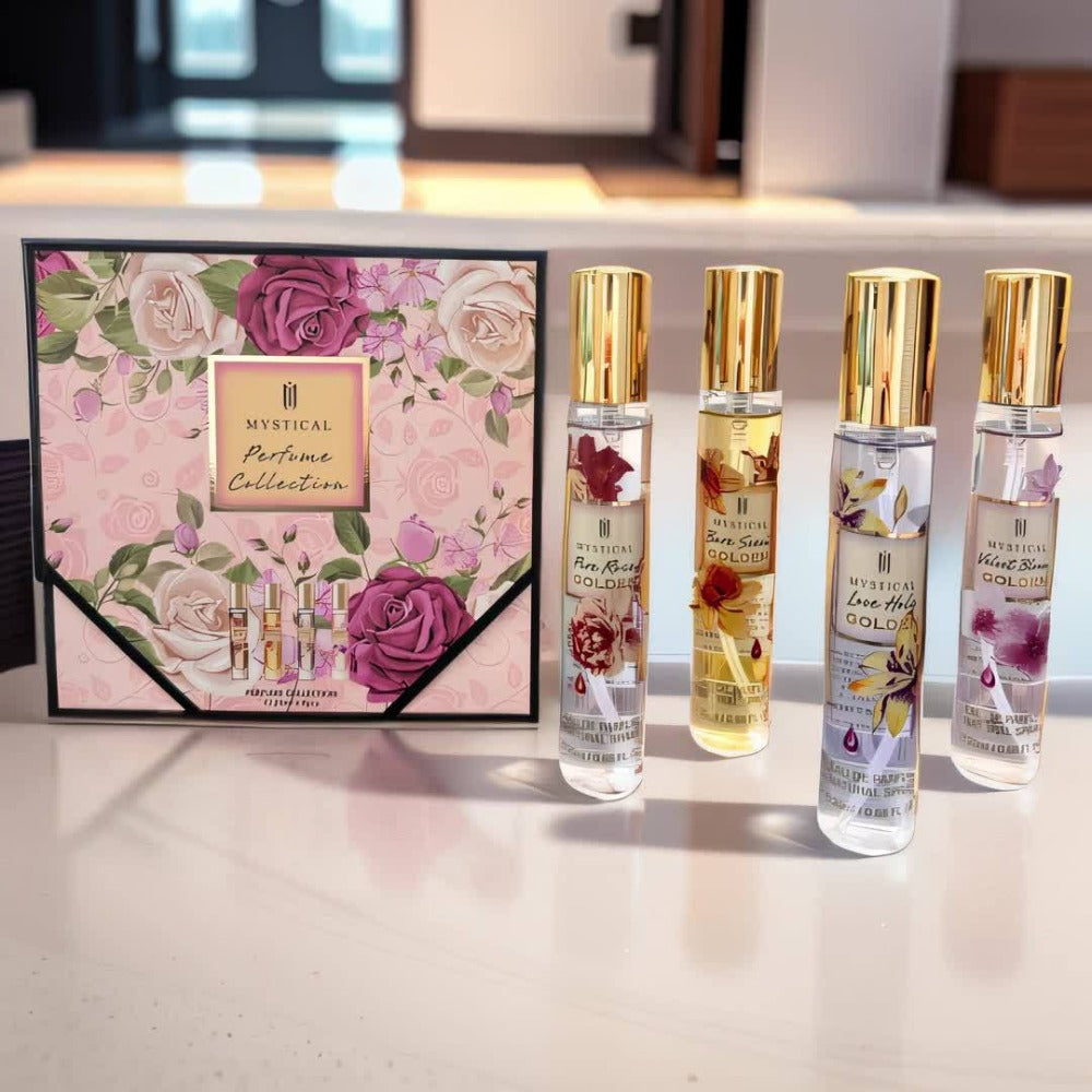 Perfume Gift Set Four 20ml Slim Spray Bottles with Gold Caps in Pink or Botanical Hinged Boxes