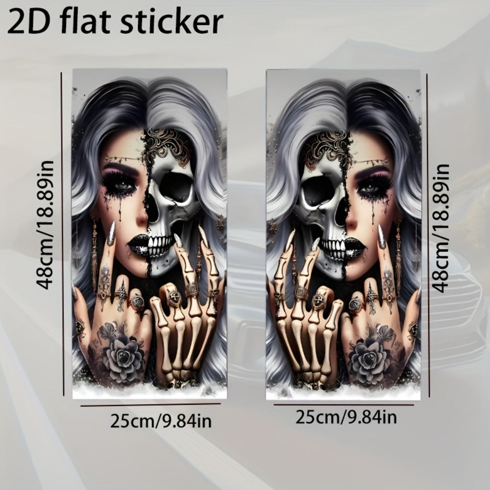 Two-Piece Car B-Pillar Decal Set with Split Skull Portrait Artwork, 48 × 25 cm Flat Sticker Pair