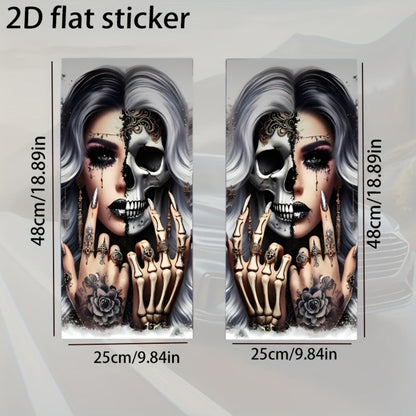 Two-Piece Car B-Pillar Decal Set with Split Skull Portrait Artwork, 48 × 25 cm Flat Sticker Pair