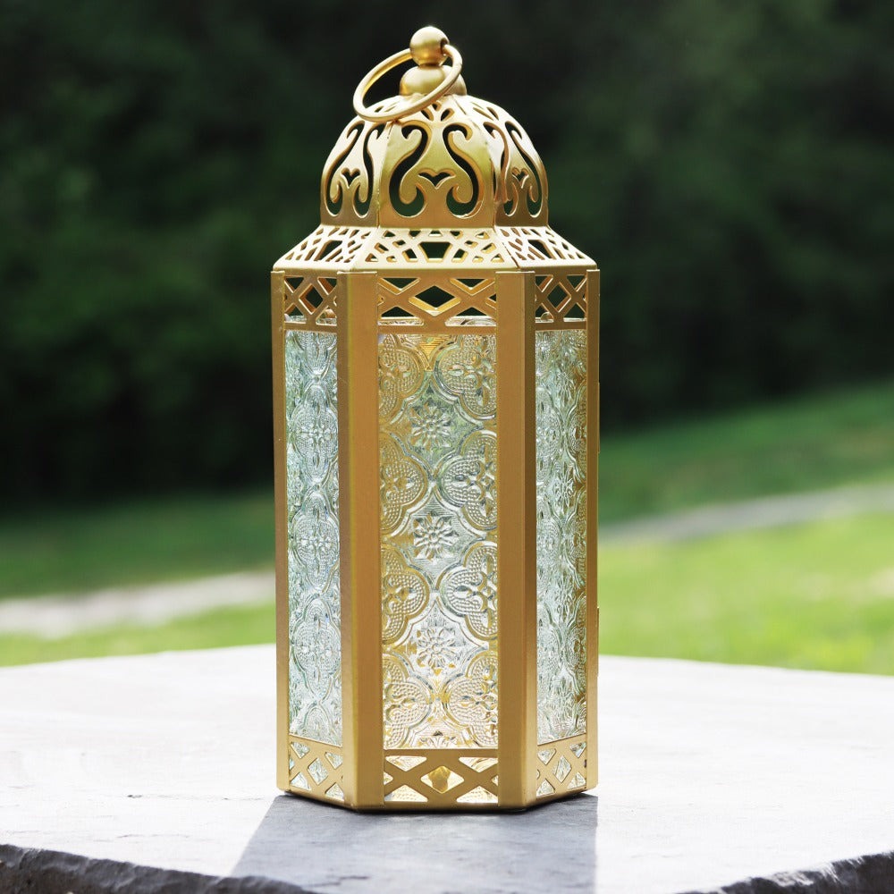 Moroccan Candle Lantern Holder - Decorative Metal & Glass Lantern with Embossed Floral Design for Indoor Home Decor