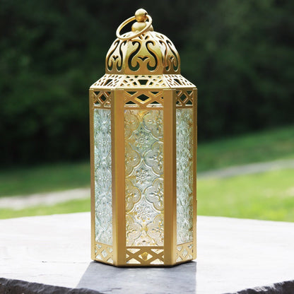 Moroccan Candle Lantern Holder - Decorative Metal & Glass Lantern with Embossed Floral Design for Indoor Home Decor