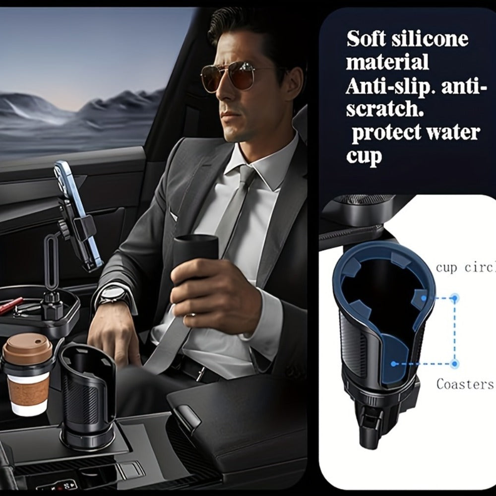 Car Cup Holder Expander with 7.7 Inch Tray, 2.7 Inch Drink Ring, Phone Mount and 58-86 mm Adjustable Base