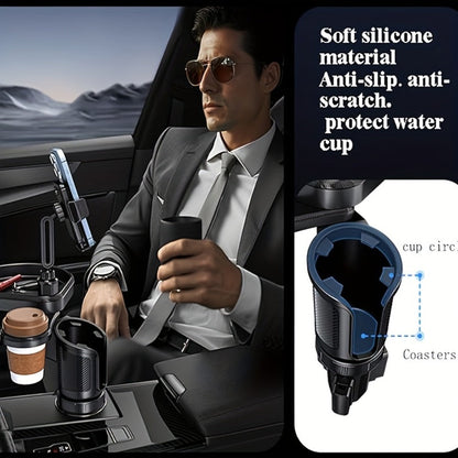 Car Cup Holder Expander with 7.7 Inch Tray, 2.7 Inch Drink Ring, Phone Mount and 58-86 mm Adjustable Base