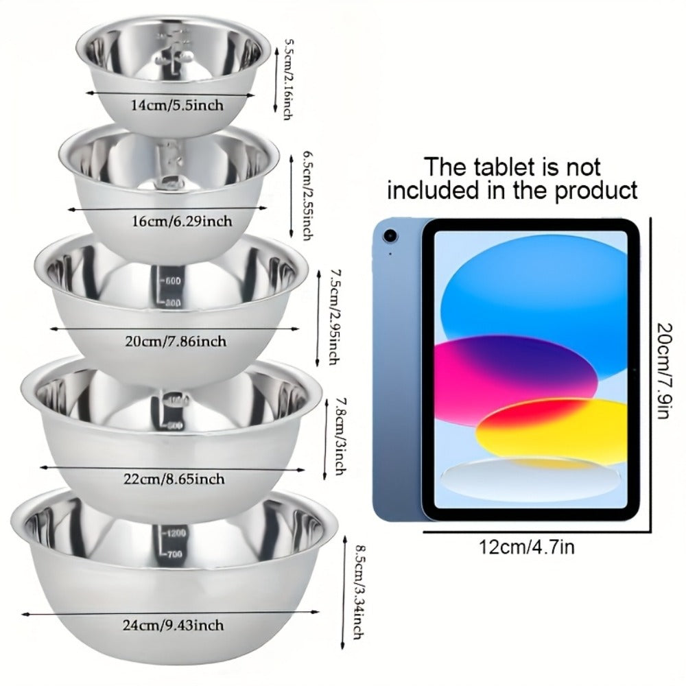 5-Piece Mixing Bowl Set with Five Nested Sizes and Source-Marked Capacity and Diameter Labels