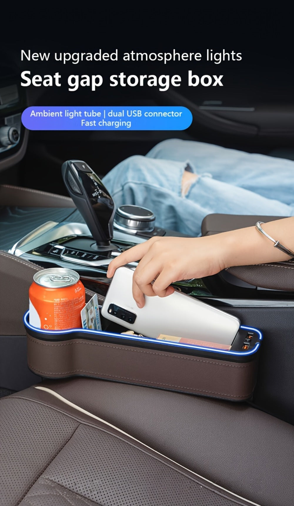 Black Lighted Seat-Gap Car Organizer with Phone Slot, USB Ports and Driver, Passenger or Pair Options