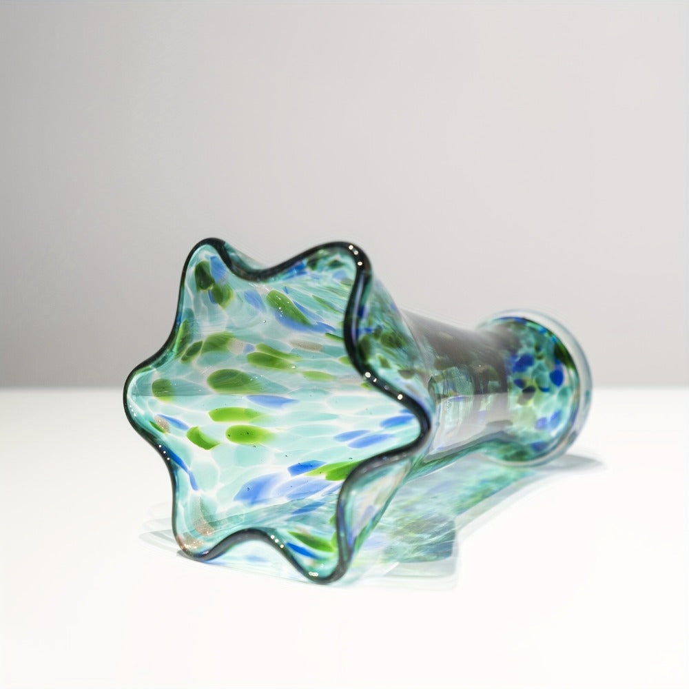 Hand Blown Glass Vase Colorful Wide Mouth, Teal Green Art Glass Flower Vase for Fresh Flowers & Spring Arrangements