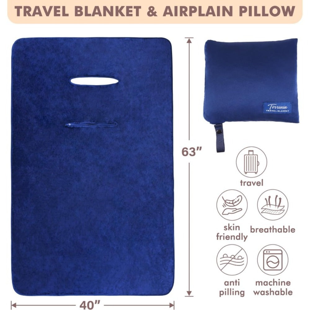 4-in-1 Travel Blanket Airplane – Soft Fleece Poncho Pillow Lumbar Support with Built-in Zipper Bag, Lightweight Packable 40x60in Blanket
