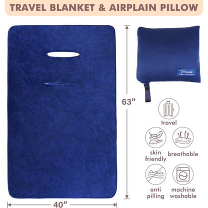 4-in-1 Travel Blanket Airplane – Soft Fleece Poncho Pillow Lumbar Support with Built-in Zipper Bag, Lightweight Packable 40x60in Blanket