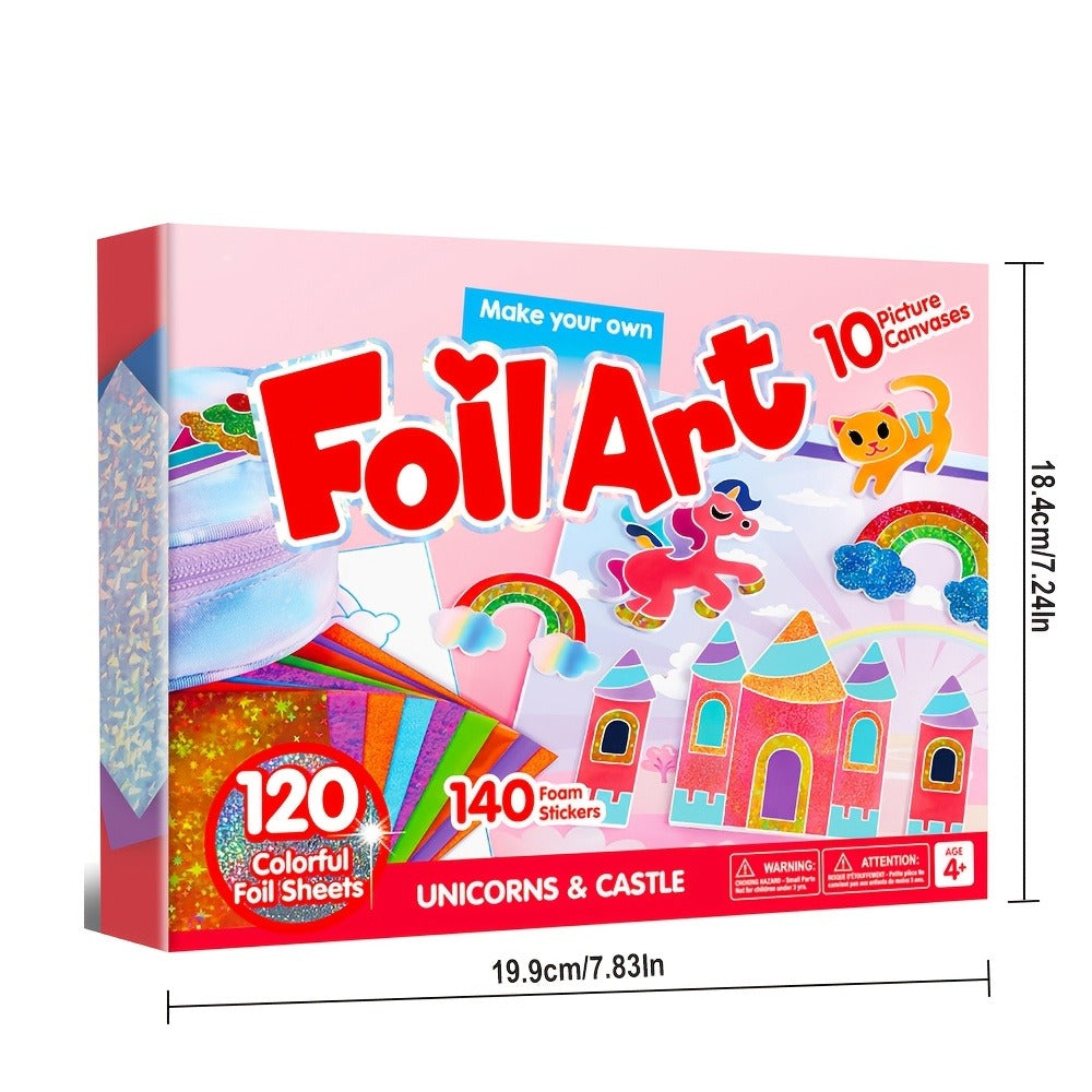 Foil Art Kit for Girls 10 Canvases 120 Colorful Foil Sheets 140+ Foam Stickers, Mess-Free Glue-Free Unicorn Princess Fairy Craft