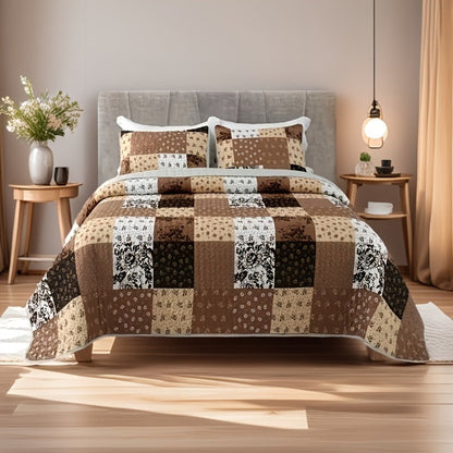Patchwork Quilted Bedspread Set 3 Piece - 1 Quilt & 2 Pillow Shams All-Season Breathable 100% Polyester Bedding Set for Bedroom Dorm