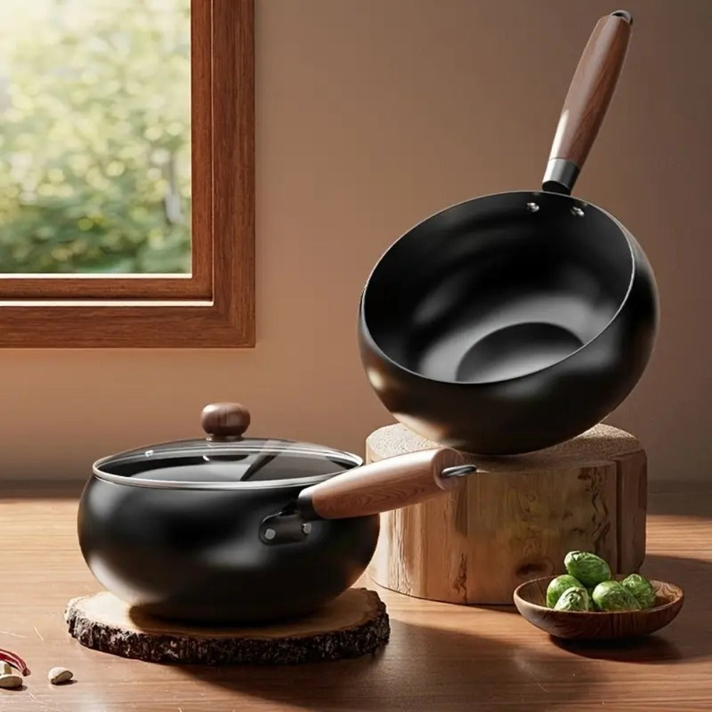 Cast Iron Wok 9.45 Inch Japanese Uncoated Iron Frying Pan Round Bottom Stir Fry Pan with Lid for Home Cooking, Dining and Outdoor Meals