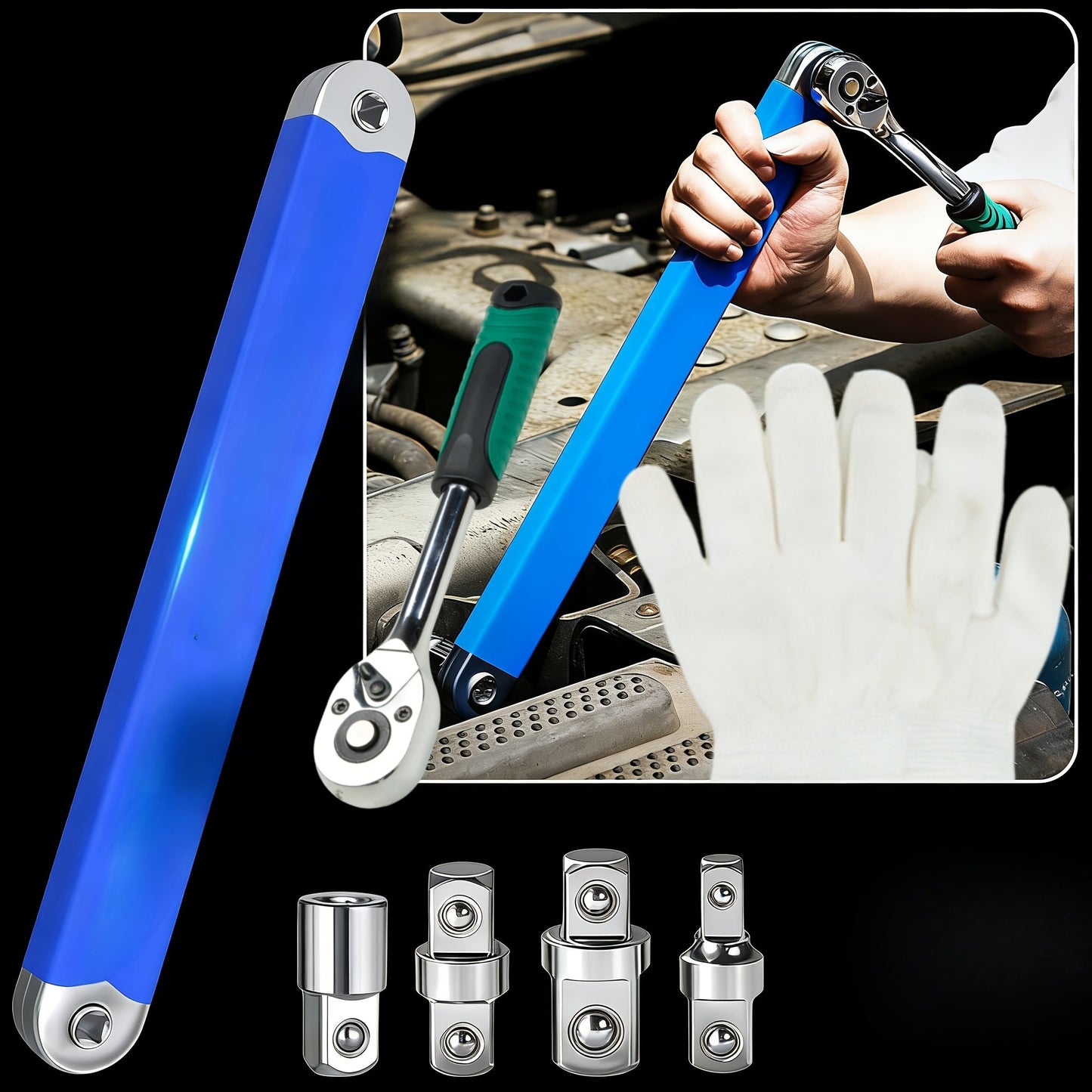 Zero Offset Extension Wrench Set 15-Inch – Impact-Ready 3/8" Ratchet Wrench with 1/2", 1/4" & 3/8" Drive Adapters