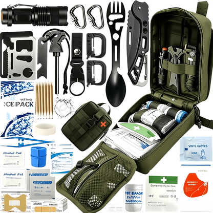 242-Piece Outdoor Tool and First Aid Supply Kit with Four Color-Labeled Zippered Pouch Options