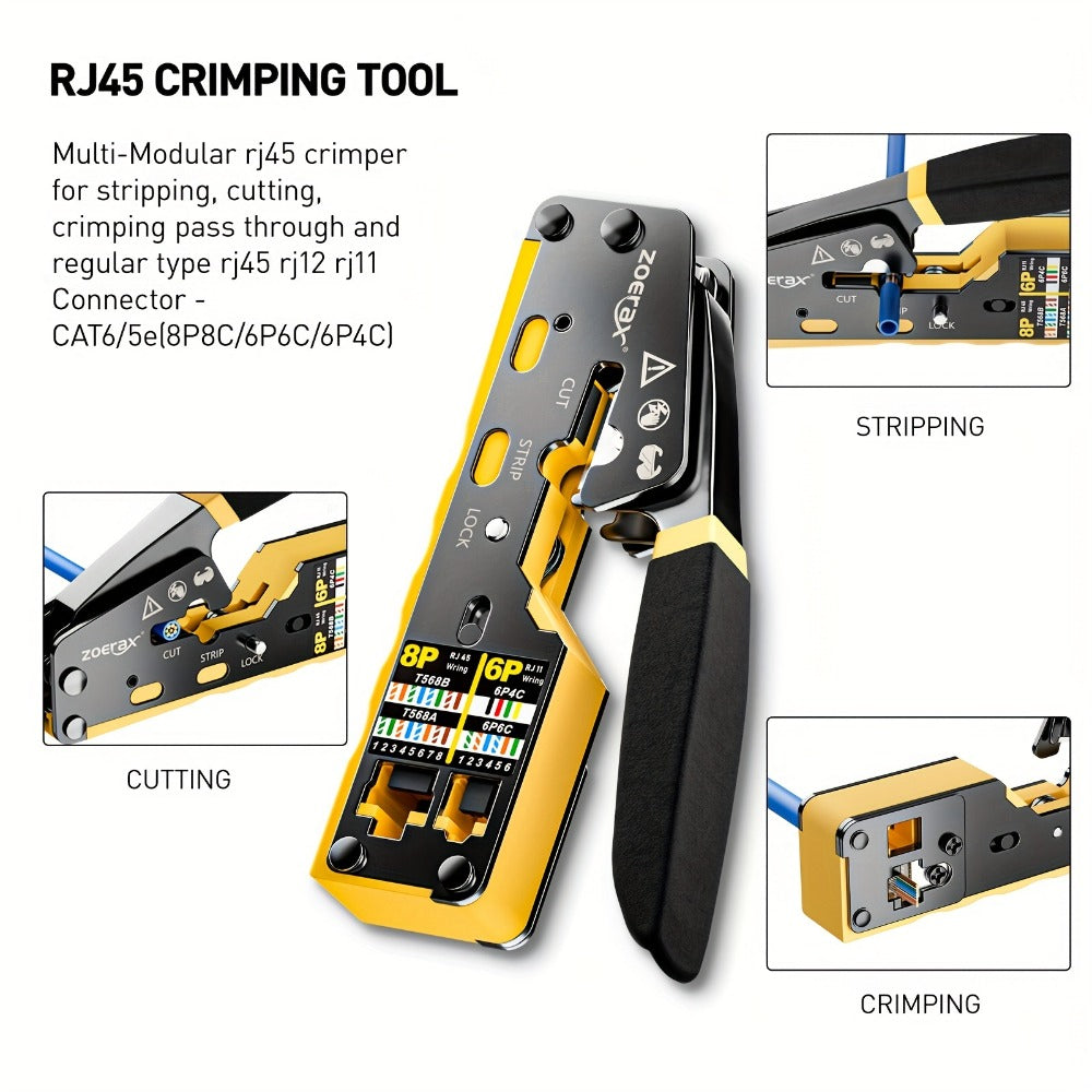 RJ45 Crimping Tool Kit Ethernet – CAT5/CAT5e/CAT6 Pass Through Crimper with Cable Tester, Wire Stripper, Pliers, Spare Blades
