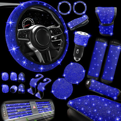 30-Piece Bling Car Interior Accessories Set with 15-Inch Steering Wheel Cover, Seat Belt Pads and Trim