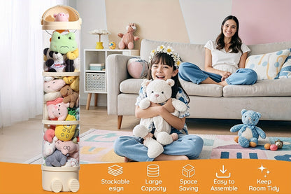 Stuffed Animal Storage Tower, Clear Plastic Toy Organizer with Layered Shelves, Visible Spacious Display Box for Kids Room