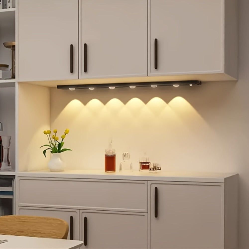 LED Sensor Strip Light USB Rechargeable – 3-Color Dimmable Motion Sensing Wireless Night Light for Kitchen, Wardrobe, Cabinet