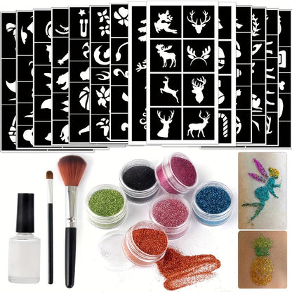 Glitter Tattoo Kit for Kids & Adults, 14 Stencil Sheets 6 Metallic Colors Skin-Safe Body Glue 2 Brushes