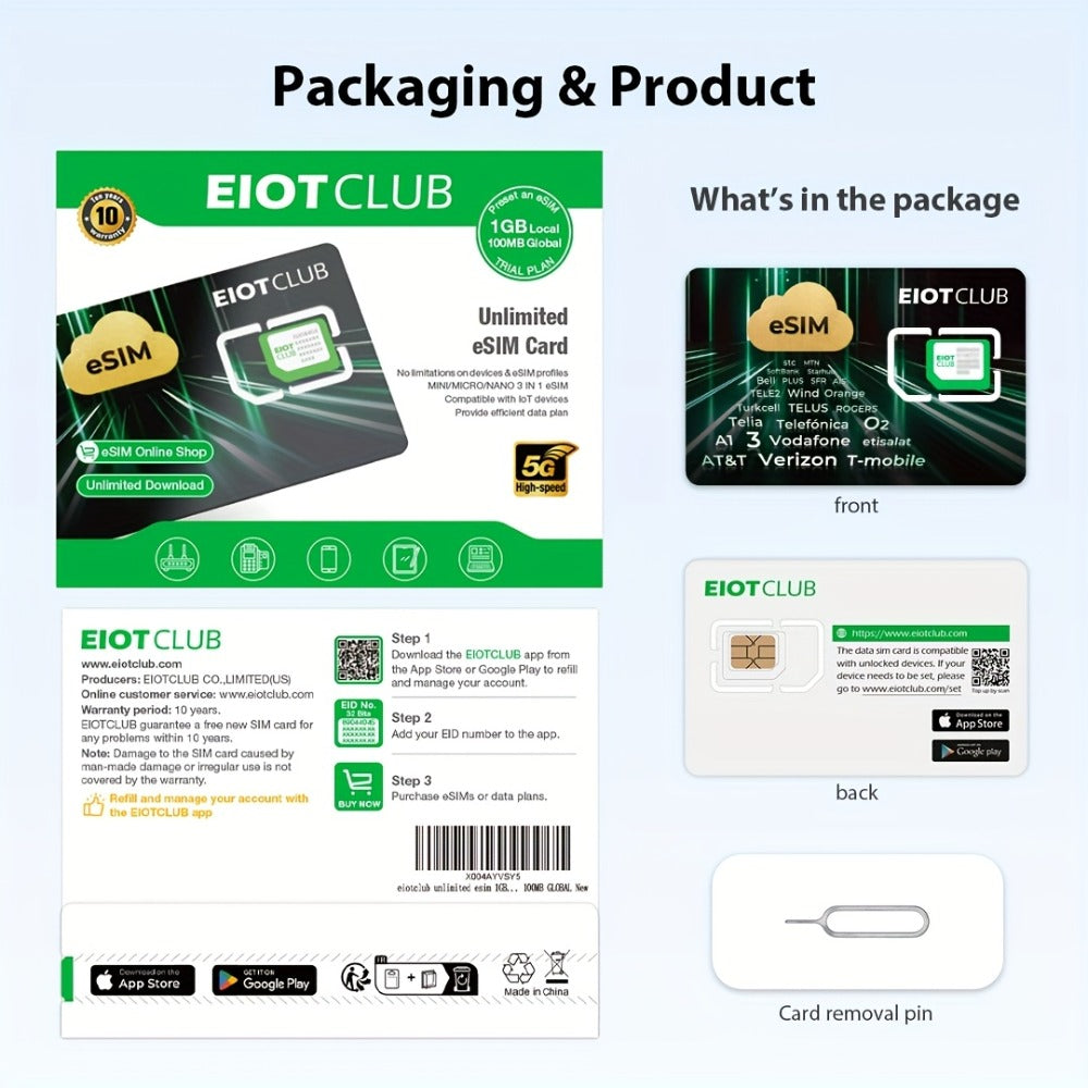 Global Travel eSIM Card EIOTCLUB Unlimited Downloads Store 8 Profiles, Works in Europe USA Japan China & 100+ Countries No Roaming Fees