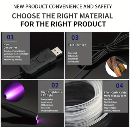 Three-Meter Fiber-Optic Car Interior Ambient Light Strip with App, Remote and Music-Sync Controls