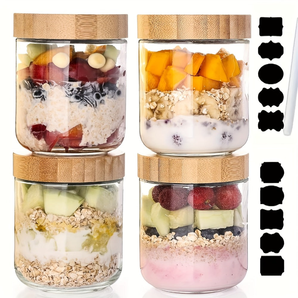 Glass Jar Food Storage Organizer with Bamboo Lids, Wide Mouths, Four-Pack 16oz or Six-Pack Spoon Sets