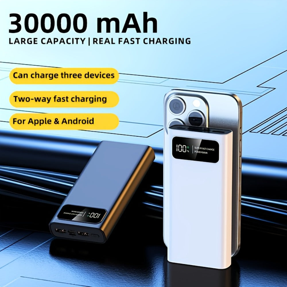 Power Bank 30000mAh 22.5W with Two-Way Charging, Dual USB, USB-C and Digital Display in White