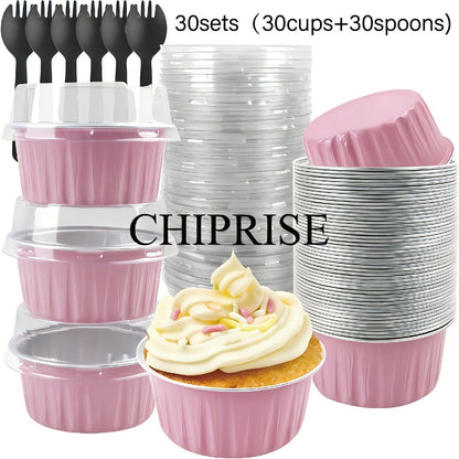 Aluminum Foil Baking Cups with Lids, Disposable Cupcake Molds with Spoons, Foil Dessert Cups for Pudding Muffins Mousse