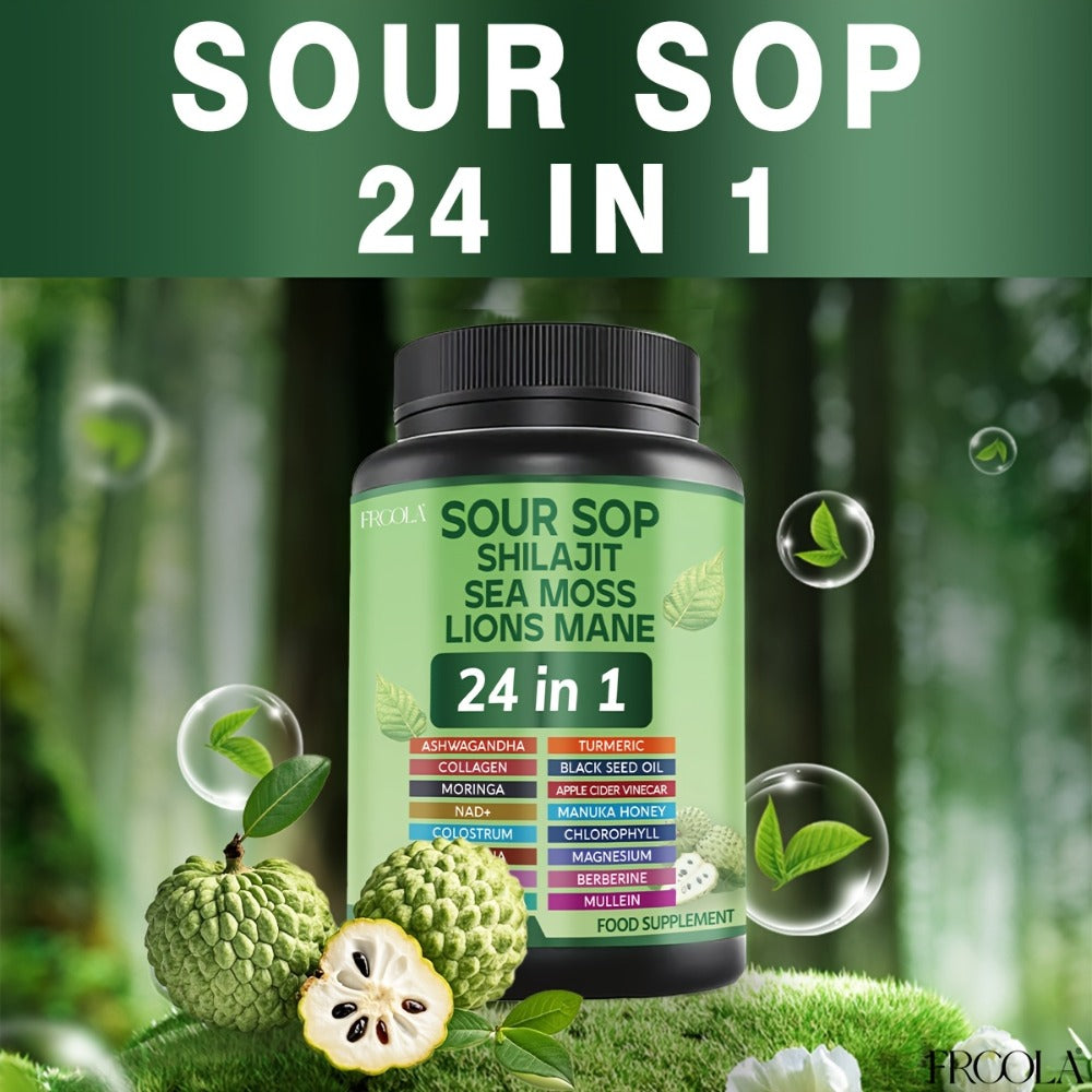 Soursop Graviola Supplement Capsules 24-in-1 with Sea Moss, Shilajit, Lion’s Mane, Vitamin D3, Black Seed Oil