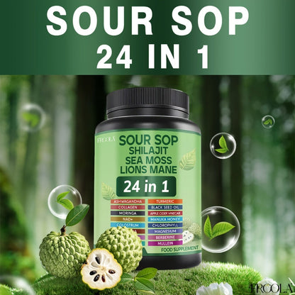 Soursop Graviola Supplement Capsules 24-in-1 with Sea Moss, Shilajit, Lion’s Mane, Vitamin D3, Black Seed Oil