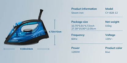 Steam Iron Non-Stick Bottom Plate High Pressure Anti-Calc Safety Protection Adjustable Temperature Steam Settings Dry Wet Clothes Fast