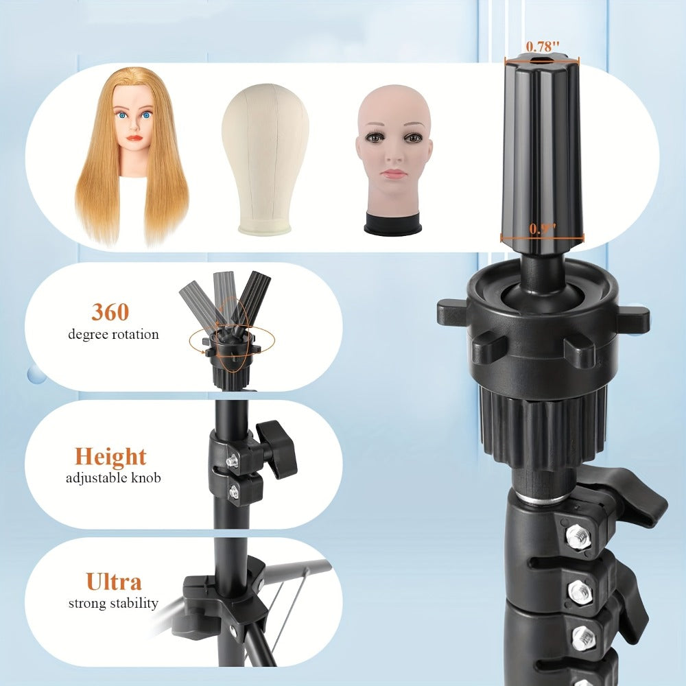 Adjustable Wig Stand Tripod 360 Rotation Aluminum Alloy Height Adjustable to 50 Inch Foldable Portable Mannequin Head Stand for Styling