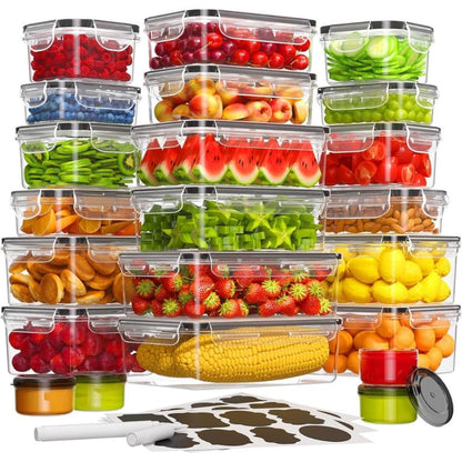 Lunch Box Food Storage Organizer with Flip-Top Lids and Multi-Size Plastic Container Sets for Kitchen and Pantry Organization