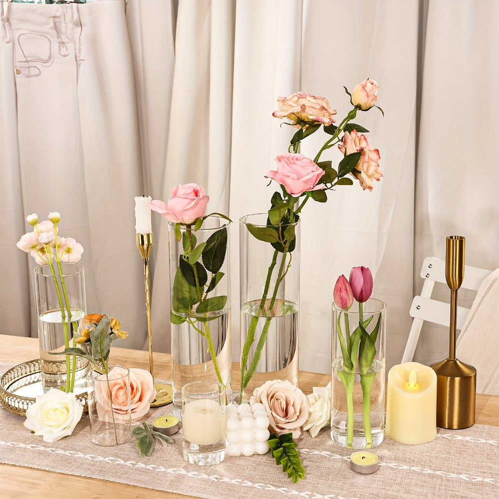 Clear Glass Cylinder Vases 24pcs Bulk Set – 4, 8, 12 Inch Tall Flower Vases for Centerpieces, Hurricane Floating Candle Holder for Wedding