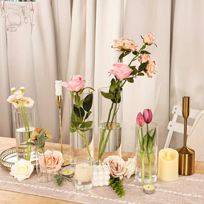 Clear Glass Cylinder Vases 24pcs Bulk Set – 4, 8, 12 Inch Tall Flower Vases for Centerpieces, Hurricane Floating Candle Holder for Wedding