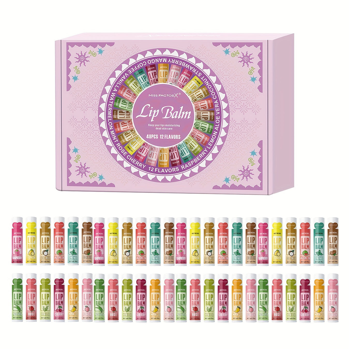 Lip Balm Gift Set 48pcs MISS FACTORX – Moisturizing Glycerin Lip Butter, Hypoallergenic Natural Finish for All Skin Types