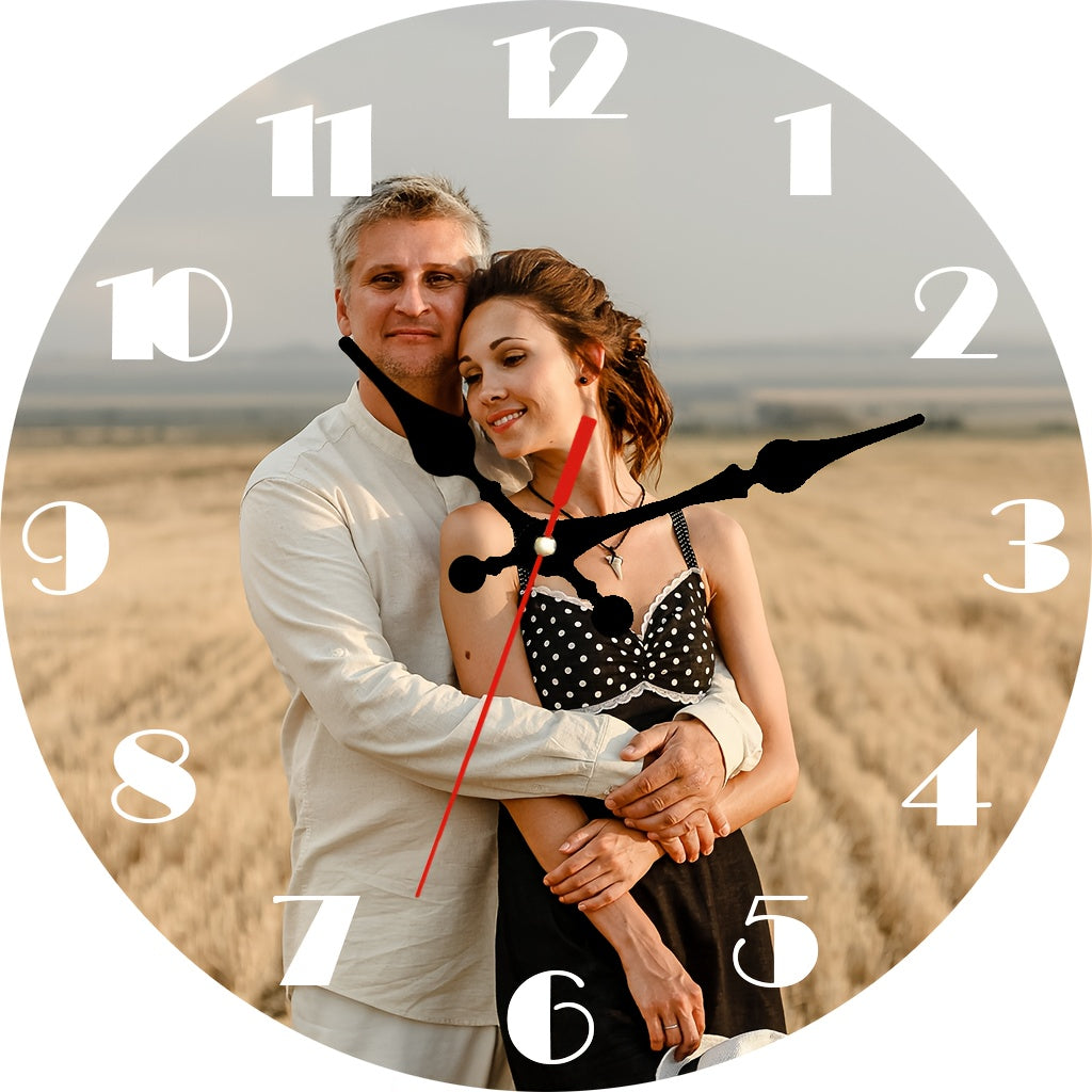 Personalized Custom Photo Wall Clock - Round Wood Silent Clock with Custom Text & Family Name, Self-Assembly