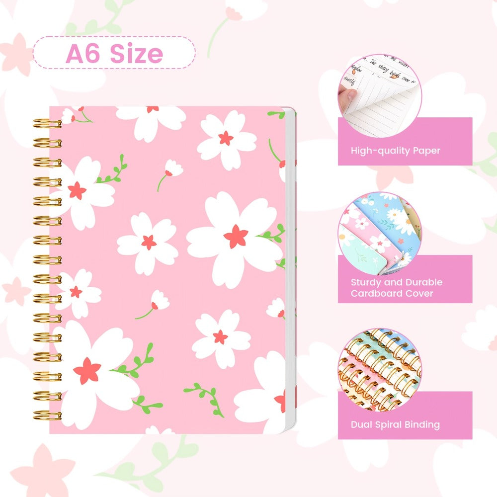 A6 Spiral Notebooks 8 Pack – Floral Design College Ruled Journals with Tear-Off Pages | Portable Memo Pads for Students & Office | Gift Set