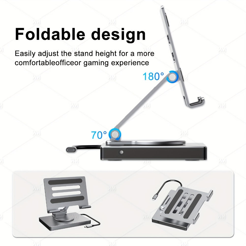 iPad Phone Rotating Stand Docking Station, 4K 60Hz HDMI, Gigabit Ethernet, 100W PD, USB 3.0 Hub, SD/TF Card Reader