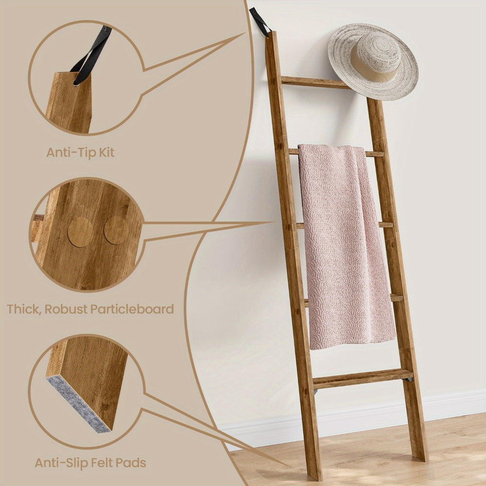 Blanket Ladder Shelf 5-Tier Freestanding Wood Ladder Rack for Blankets Towels Books Decor for Laundry Rooms, Closets and Home Organization