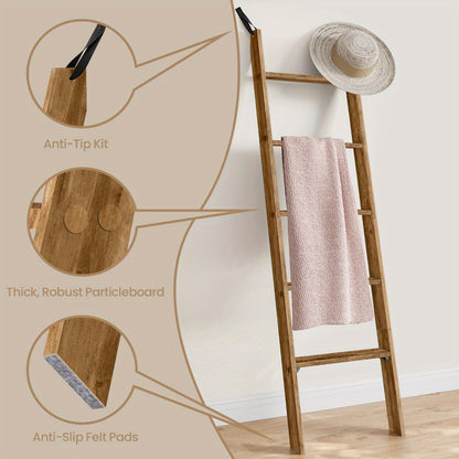 Blanket Ladder Shelf 5-Tier Freestanding Wood Ladder Rack for Blankets Towels Books Decor for Laundry Rooms, Closets and Home Organization