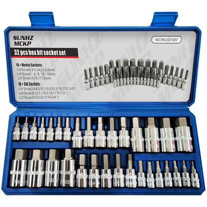 Allen Hex Bit Socket Set 32-Piece – 1/4" 3/8" 1/2" Drive SAE & Metric S2 Steel Hex Key Sockets with Organized Storage Case for Home