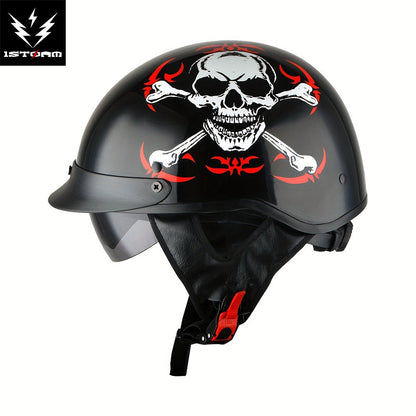 Motorcycle Helmet 1STORM Half-Shell with Retractable Smoked Visor, Five Graphic Styles, S-XL Sizes and Quick-Release Strap