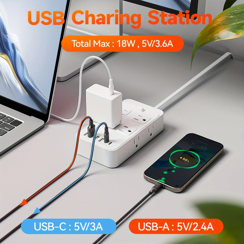 One-Touch Switch Desk Charging Station 14-in-1, 8 Widely Distributed AC Outlets & 6 USB Ports (4 USB-A + 2 USB-C)